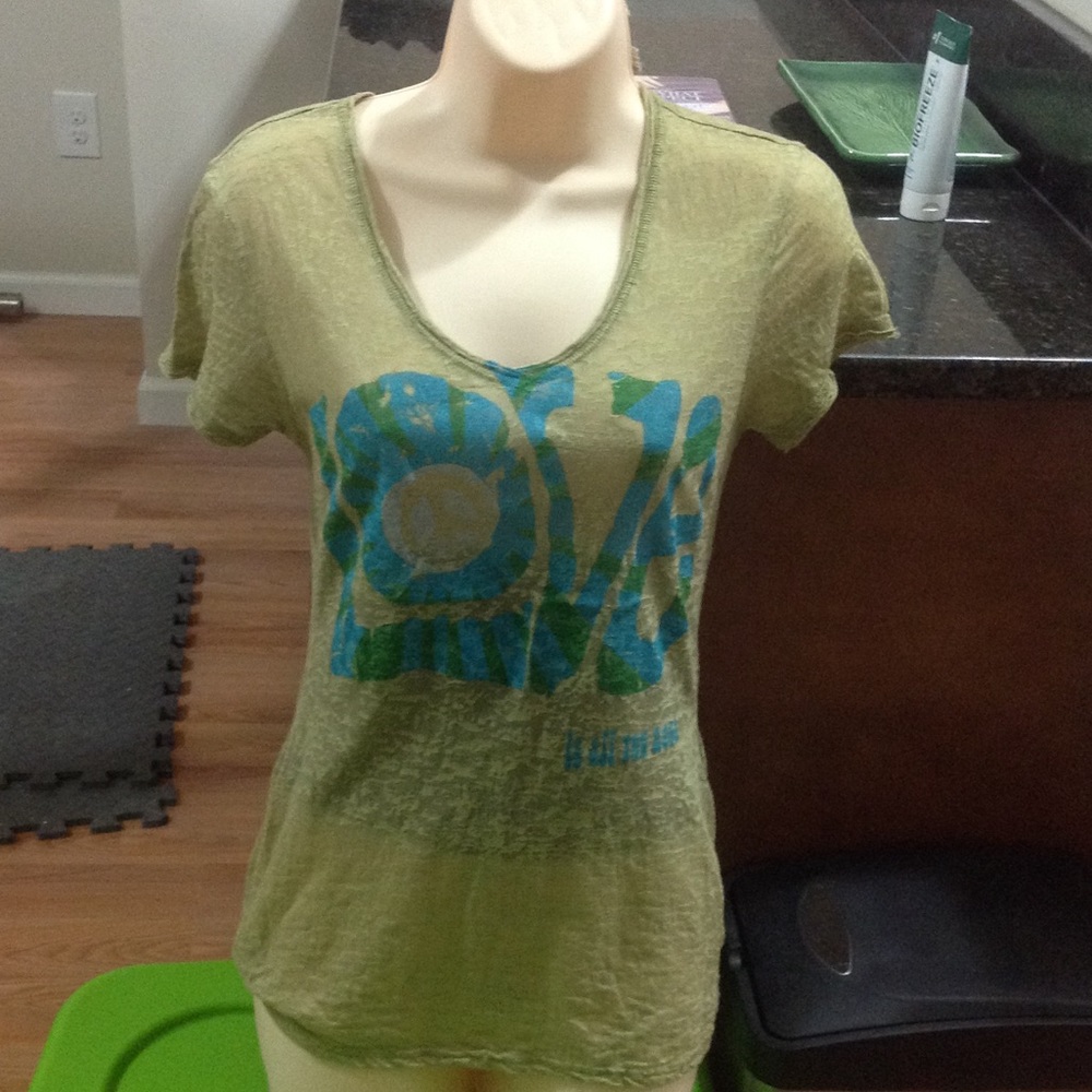 Sheer green v neck love is all you need tee